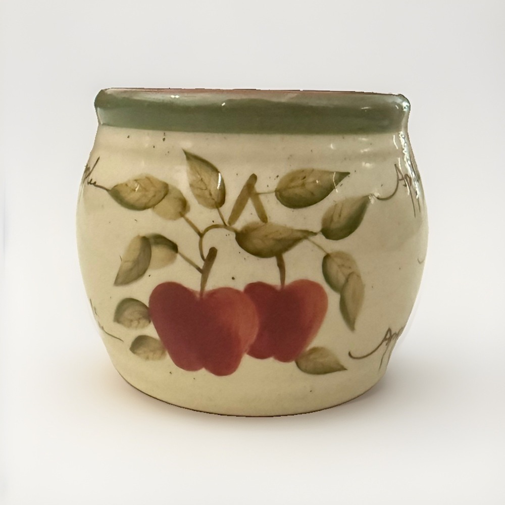 Vintage Small Apple Stoneware Crock Utensil Holder Vase 2.75"  Farmhouse Cottage